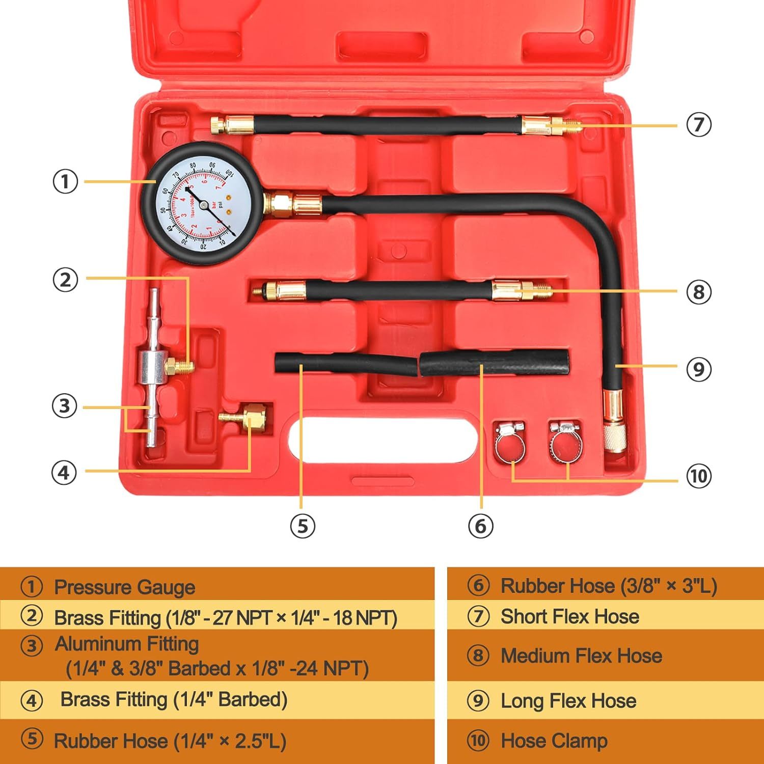 Kit de Teste de Pressão de Combustível - Medidor de Pressão de Combustível - Kit de Teste de Pressão da Bomba de Injeção de Combustível de 0 a 100 PSI, Adequado para Carros, Motocicletas, Caminhões, Reboques, SUVs e ATVs
