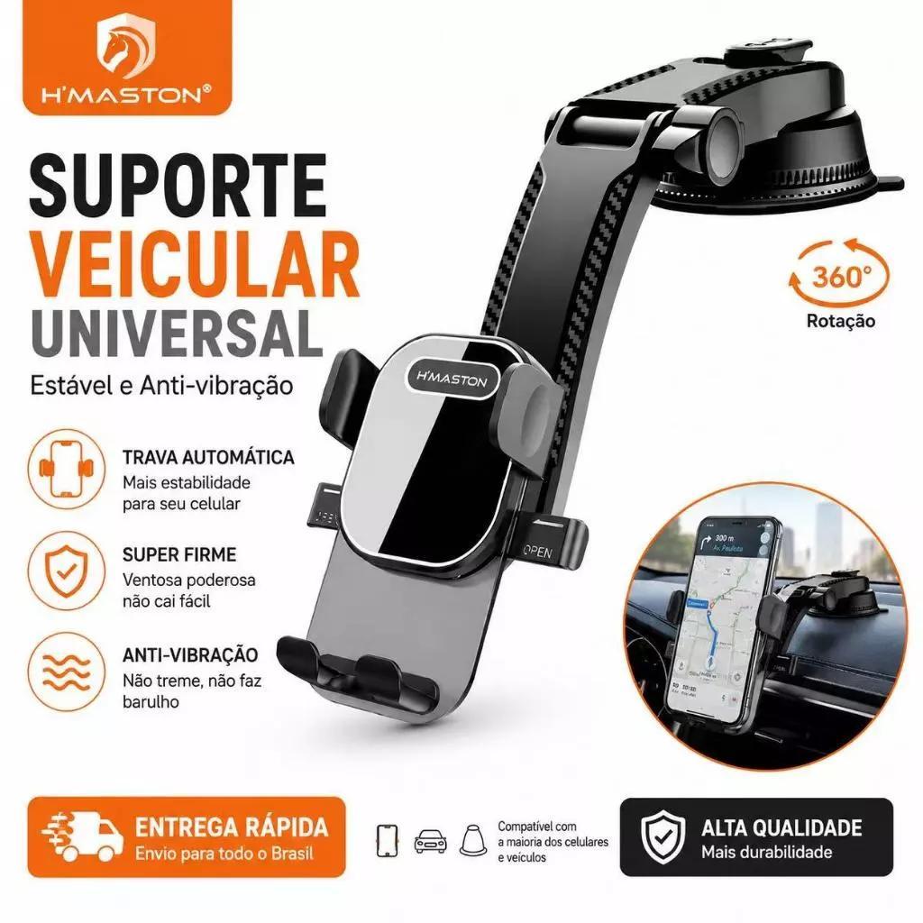 Suporte Universal para Celular no Carro H'maston CJ-71, Ajustável 360° com Trava Anti-Queda para Veículos