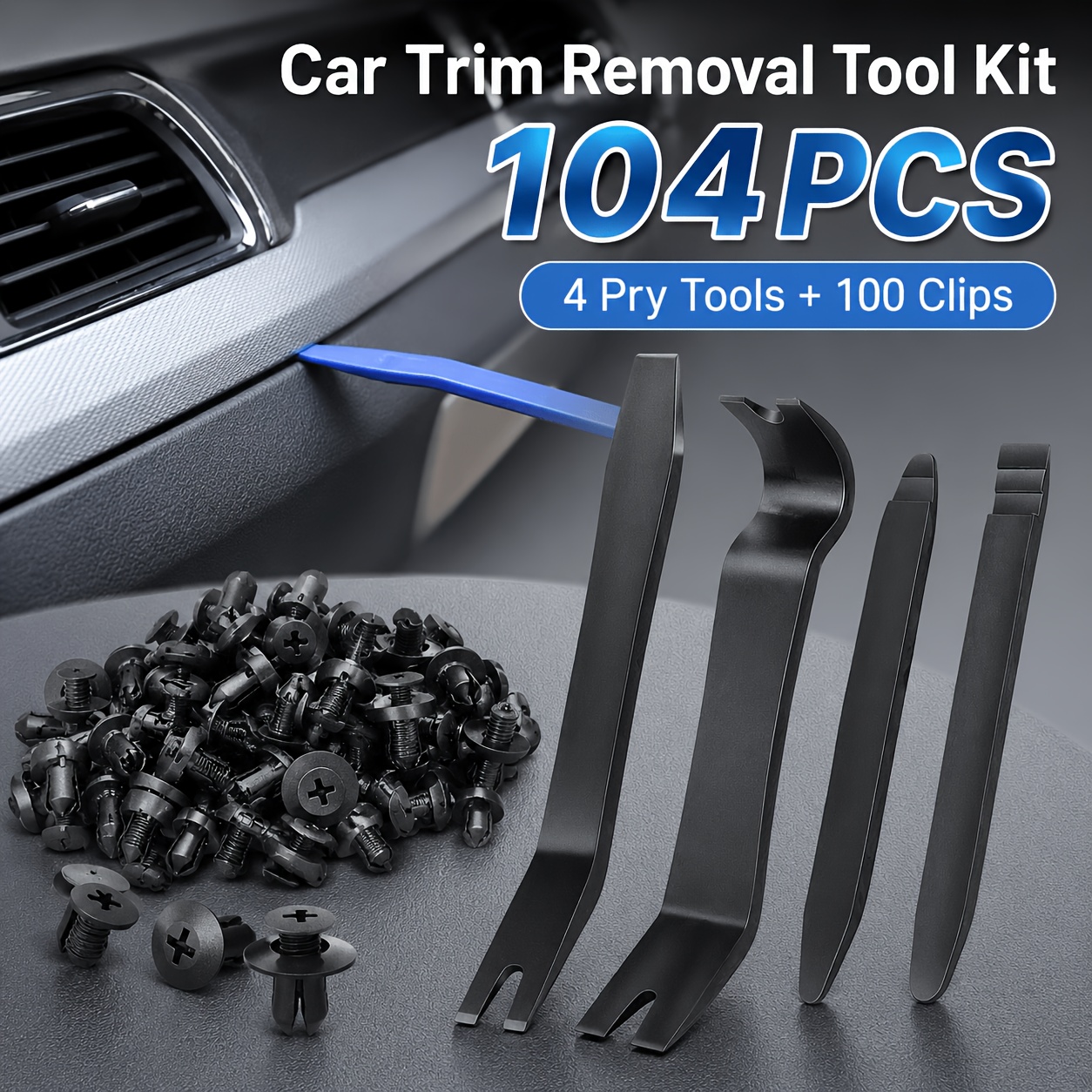 Conjunto de 104 Peças de Ferramentas para Reparo e Desmontagem de Interior Automotivo: 4 Tipos de Palancas de Plástico + 100 Clipes de Fixação para Forros de Teto, Painéis de Porta, Para-lamas e Retentores de Para-choques