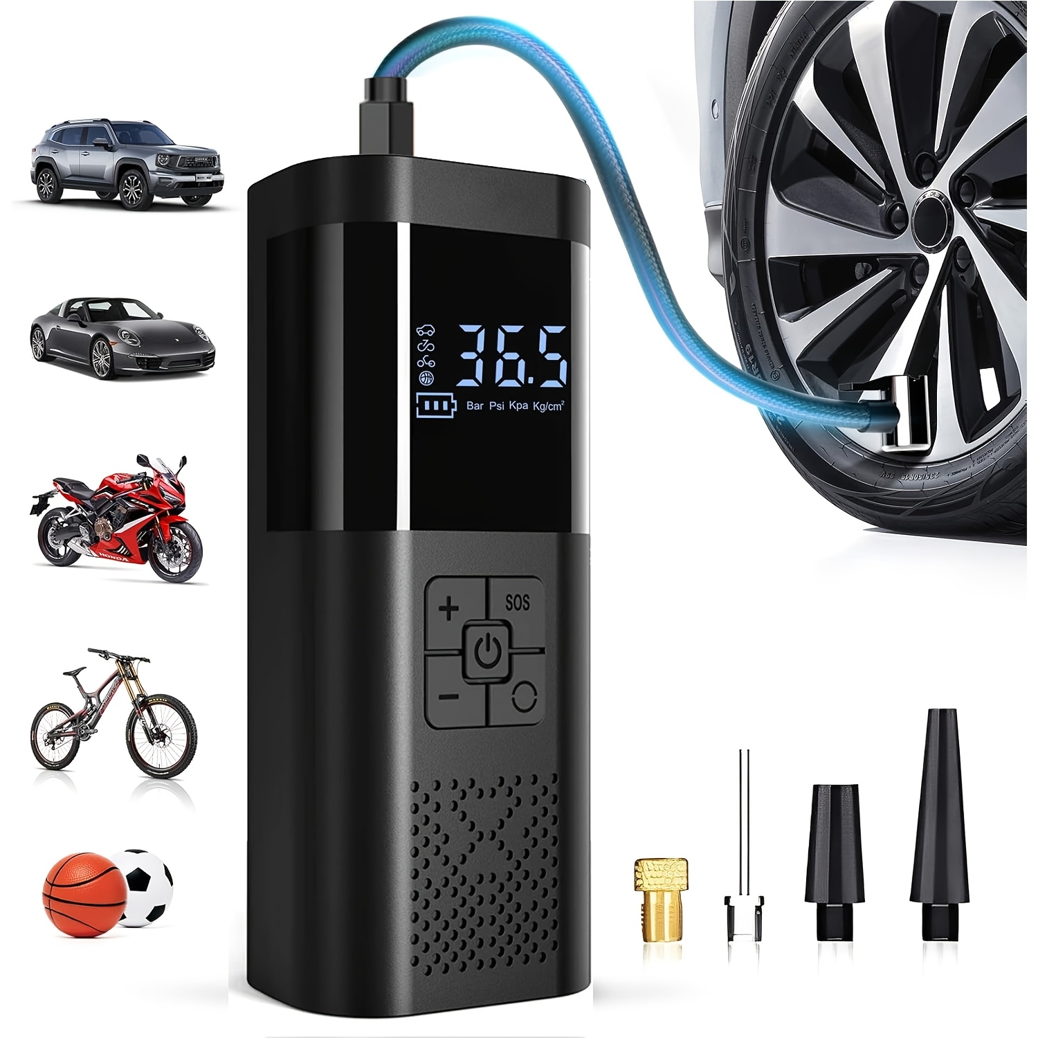 Compressor de ar portátil para pneus 150 PSI - Bomba de ar inteligente sem fio com medidor de pressão, LED, operação com um toque, inflação 3x mais rápida - Ideal para carros, motos, bicicletas, bolas