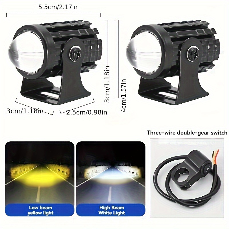 Par de faróis auxiliares de LED brilhantes para motocicleta com interruptor de controle de alta qualidade, dual-colorido para motocicleta, caminhão, carro, veículo elétrico