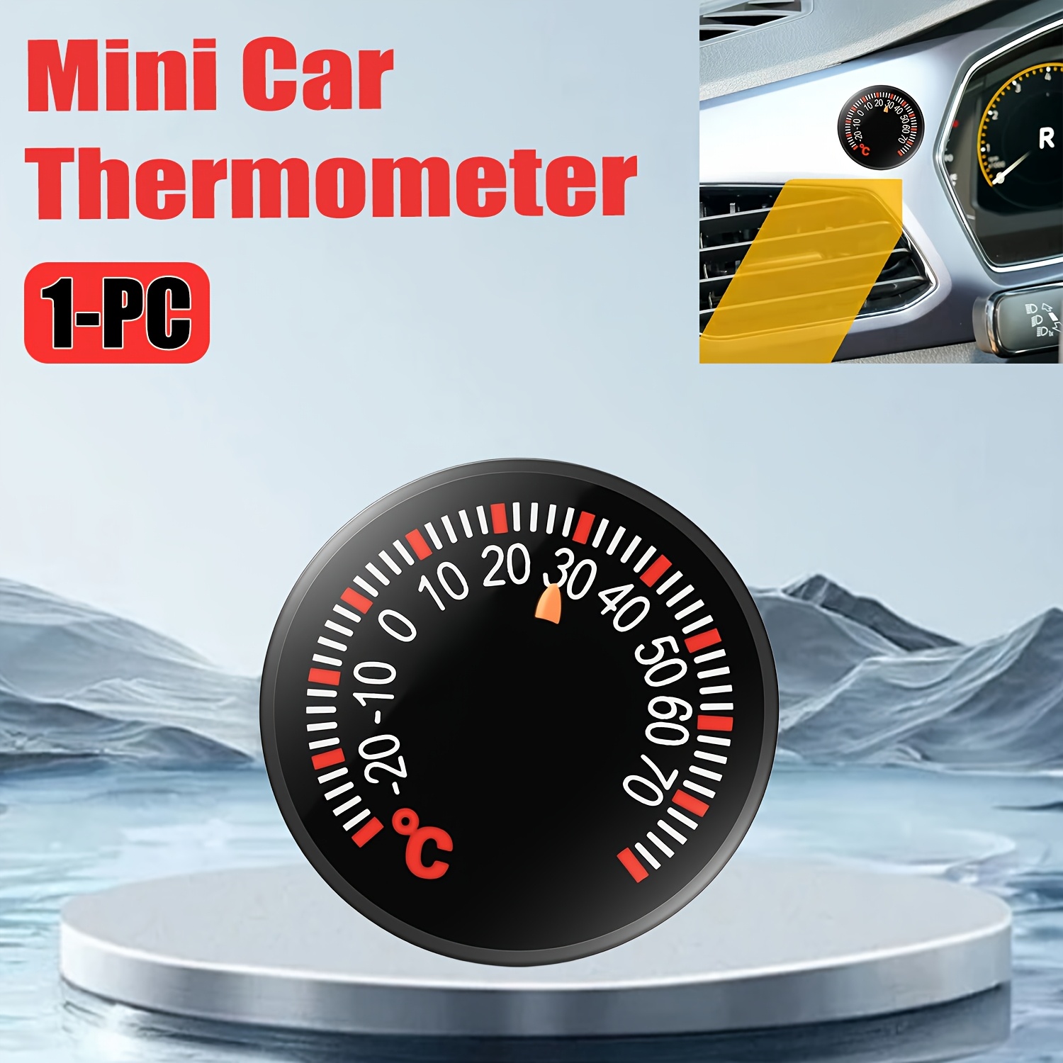 1 termómetro mini para carro, termómetro de painel sem pilhas, termómetros pequenos redondos práticos, um acessório de painel decorativo e funcional - Adequado para todos os carros, camiões e SUVs
