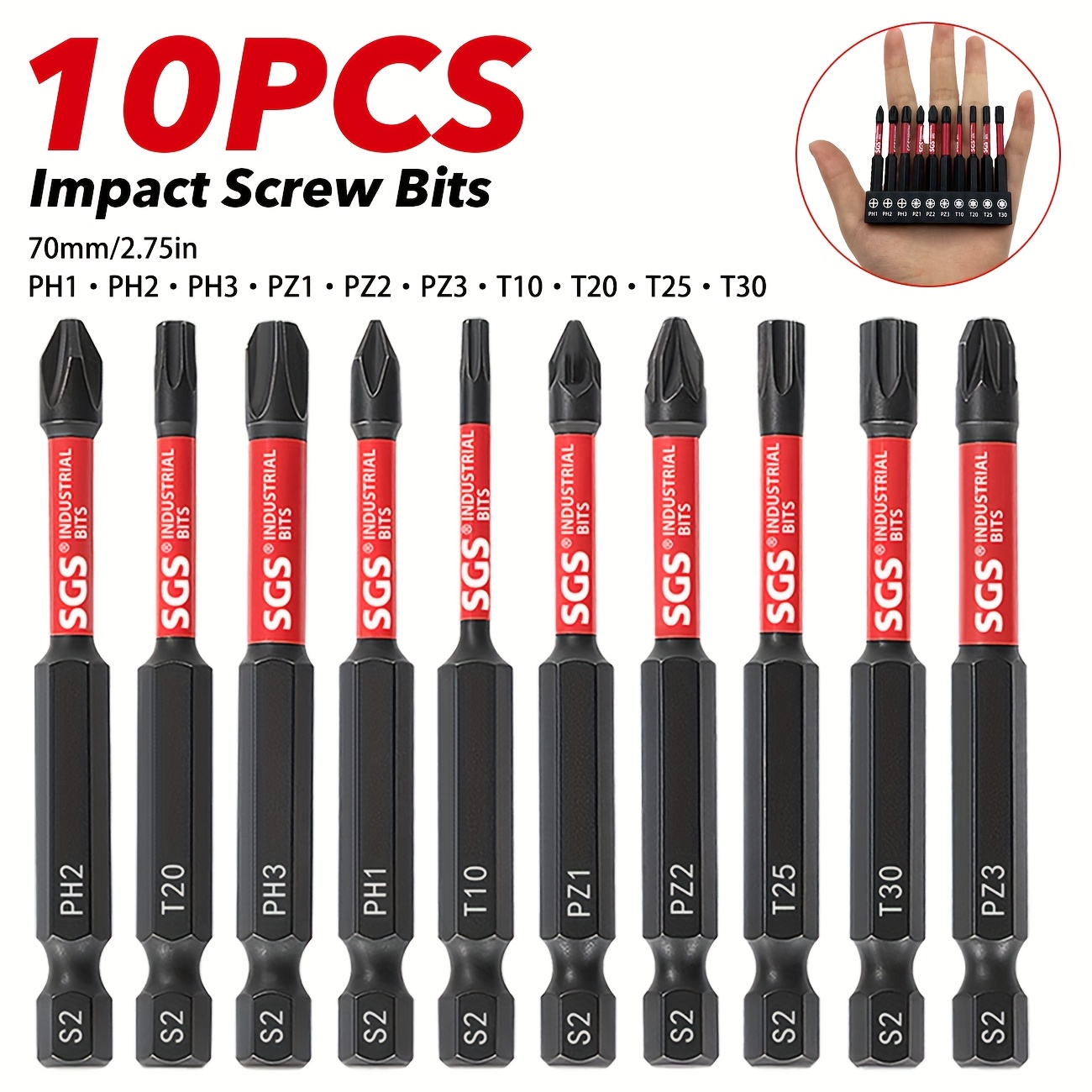 Conjunto de 10 Pontas de Chave de Fendas Industriais S2 em Aço Liga, Dureza HRC60-62, Tipos Completos Anti-Tampão/Phillips/Pozidriv, Resistentes ao Impacto e Magnéticas, com Suporte Anti-Ferrugem, Compatível com Haste de 1/4", para Trabalhos em Madeira e Projetos