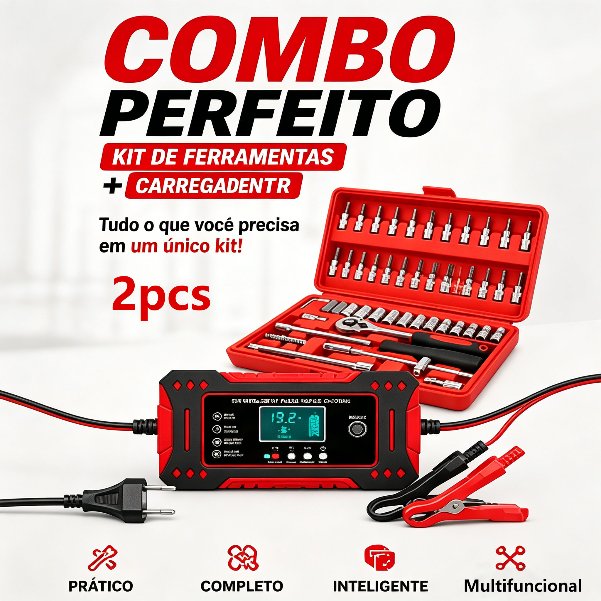 Kit 2 em 1, Conjunto de Chaves de Soquete com Catraca, Carregador para Veículos, para Manutenção, Desmontagem e Instalação de Peças de Carros e Motocicletas