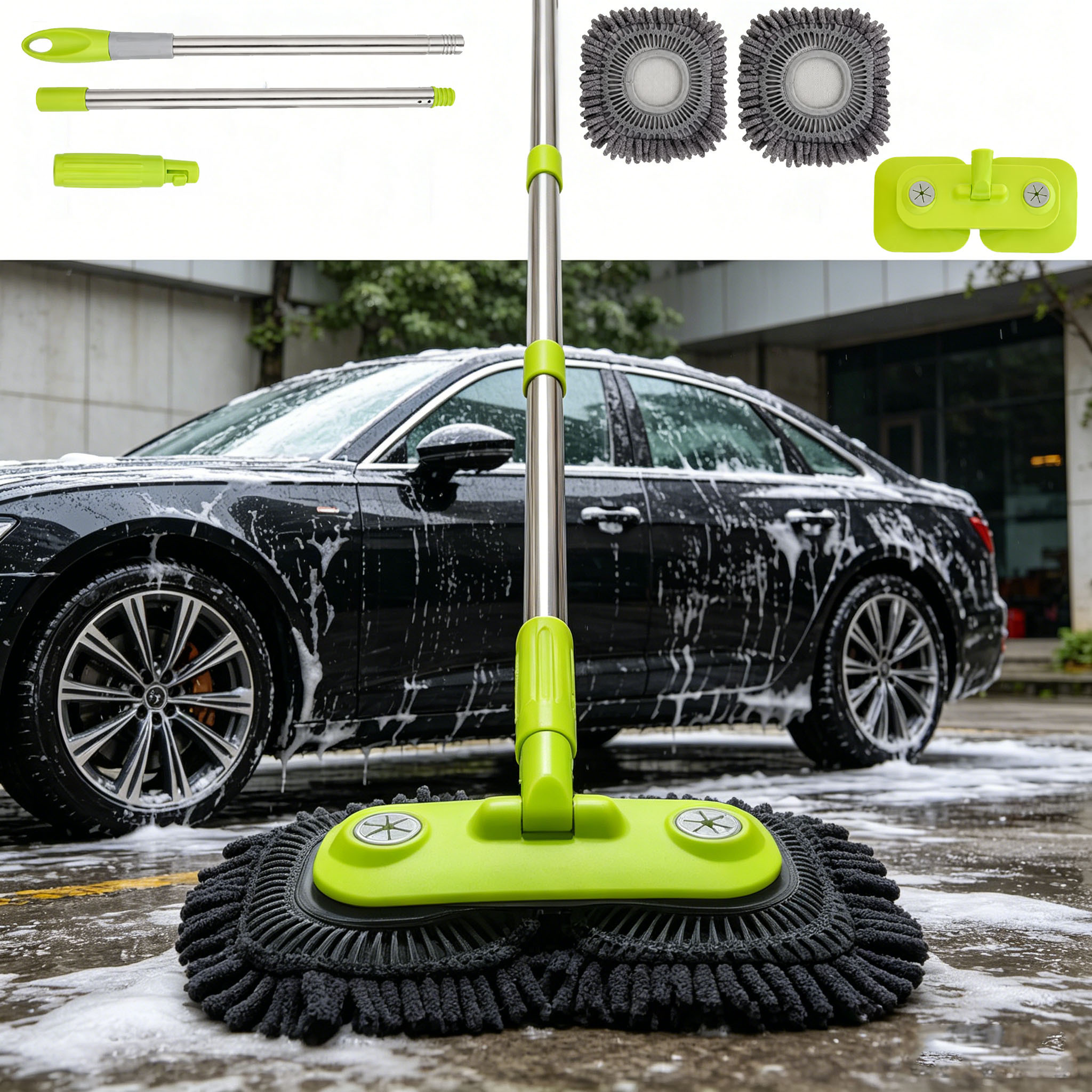 Conjunto de 6 peças (2 Hastes e 1 Cabeça de Esfregona e 2 Panos de Limpeza e 1 Conector) Esfregona de Lavagem de Carros de Cabeça Dupla com Dispensador de Sabão Recarregável, Panos de Microfibra de Chenille Macios, Escova de Limpeza Giratória Flexível de 180°