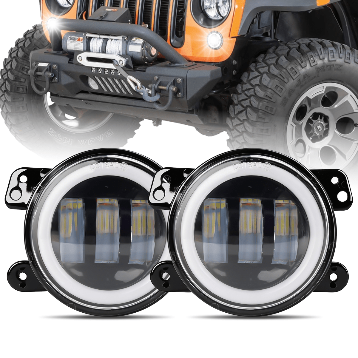 Duas fitas de LED tipo "olho de anjo" de 10,16 cm com halo branco, DC12V/24V, luz branca brilhante e branca quente 6000K; fita de LED redonda de 10,16 cm para iluminação, adequada para veículos off-road como Jeep, Wrangler JK, TJ, LJ, Ford, etc. Baterias não incluídas.
