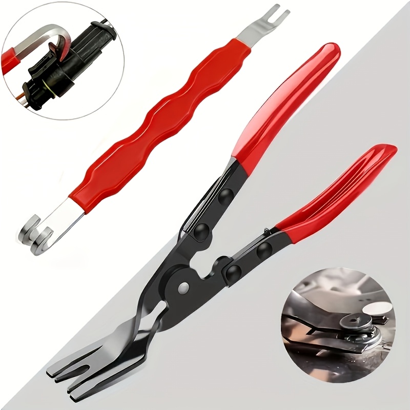 2 unidades Alicate de Remoção de Clips de Painel de Carro e Ferramenta de Cablagem de Carro, Conjunto de Reparação de Fixadores Automóveis, Alicate de Pino de Empurrar de Clipe de Plástico Ferramenta de Puxador de Carro Ferramenta de Reparação de Painel de Porta de Painel de Tabuleiro - Inclui Barra de Puxador de Libertação de Conector, Sem Bateria