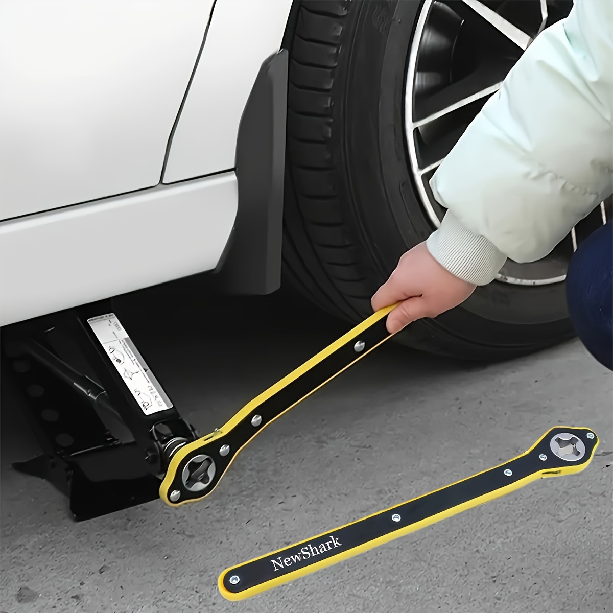 Chave de Macaco para Pneus Heavy Metal com Botão Rotativo de 360°, Macaco Tesoura de Cabo Longo à Prova de Ferrugem, Adequado para Motociclos, SUVs e Veículos - Ferramenta de Desmontagem e Instalação Fácil, Design de Cabo Ergonómico, Estrutura Robusta, Chave de Pneus
