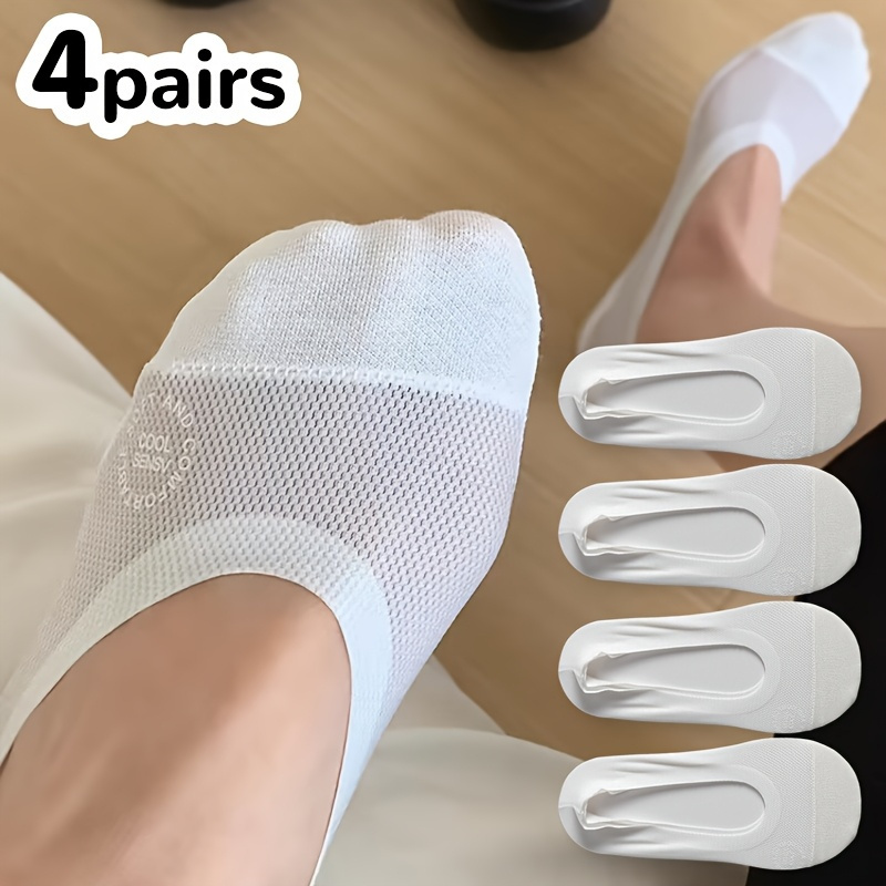 4 Pares de Meias Invisíveis de Barco Femininas em Malha Respirável com Aderência de Silicone Antiderrapante - Meias Invisíveis de Barco Ultrafinas Adequadas para Uso Diário, Sapatos de Barco, Tênis e Calçados Esportivos - Acabamento Brilhante Branco Presente Ideal para Uso Diário