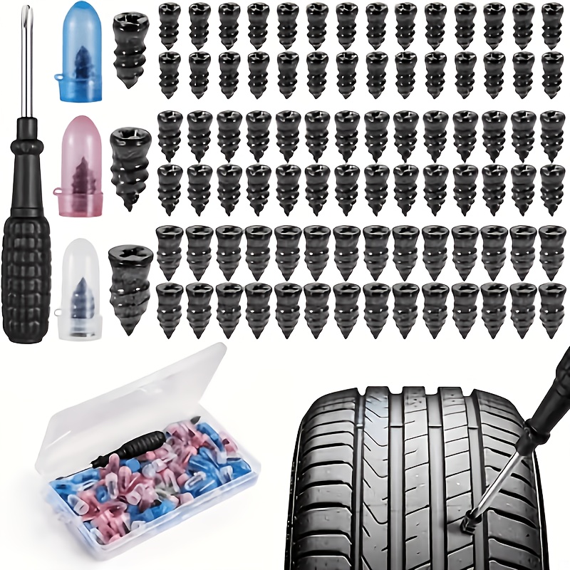 50 unidades de pregos de reparação de pneus em espiral (Chave de fendas de estilo aleatório gratuita), Kit de pregos de reparação de pneus universal, Ferramentas de reparação rápida de pneus. Adequado para carros, motas, SUVs, camiões, autocaravanas, bicicletas e ATVs. Ferramentas de reparação de pneus tubeless