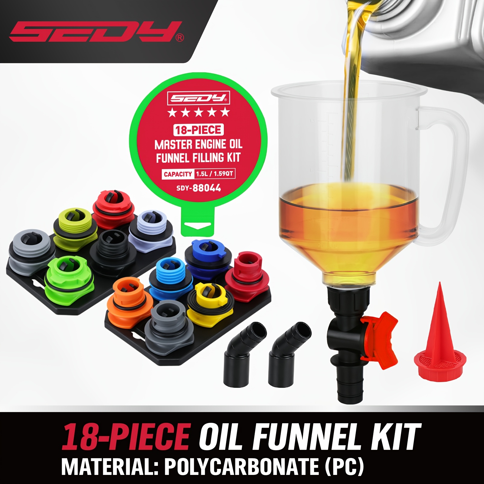 Kit de Funil de Óleo de Motor SEDY à Prova de Derramamento para Troca de Óleo com 12 Adaptadores e 2 Placas Organizadoras Magnéticas para Adaptadores, Corpo Transparente com Escala e Válvula de Corte, Encaixe Universal