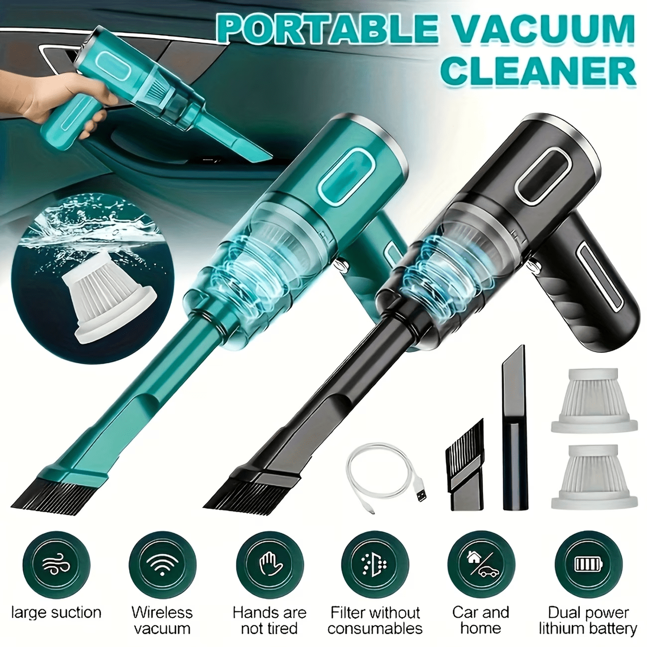 Aspirador de Pó Portátil para Carro de 120W Recarregável, Aspirador Automotivo Sem Fios para Carro, Coletor de Pó Ciclónico, Aspirador Sem Fios