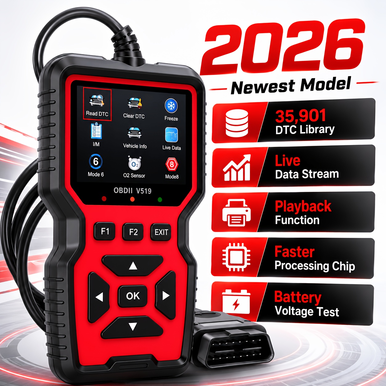 Ferramenta de Diagnóstico Scanner OBD2 V519 de 2026, Leitor e Apagador de Códigos de Falha do Motor, Fluxo de Dados em Tempo Real, Prontidão I/M, Freeze Frame, Modo 6/8, Teste de Sensor O2, Teste de Tensão da Bateria para Veículos OBDII/EOBD 12V de 2003+