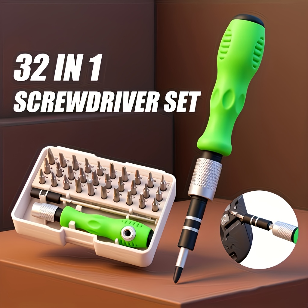 Conjunto de 32 Peças de Chaves de Fenda com Cabo Antiderrapante Verde e Preto, Adequadas para Reparos de Celular, Carro, Moto e Bicicleta - Kit Básico de Ferramentas de Reparo DIY