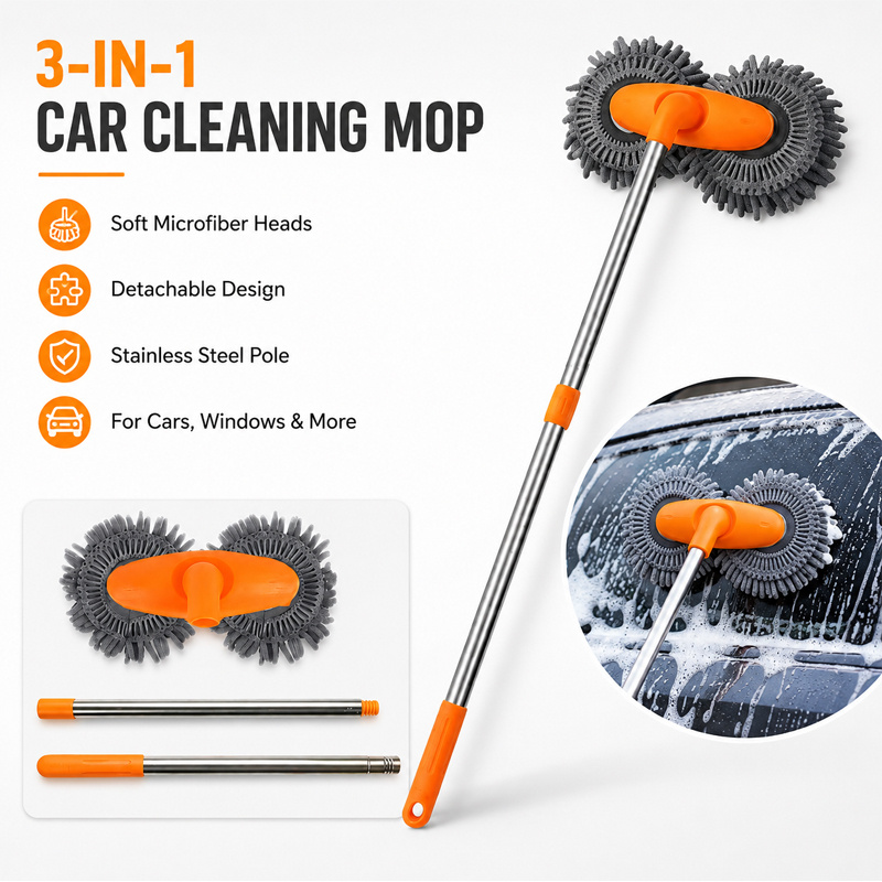 Escova de Lavagem de Carros de 83.82cm com Cabeça de Mopa de Microfibra Removível - Ferramenta de Limpeza de Carros com Cabo Longo para Autocaravanas, Barcos, Camiões, Lavagem de Janelas Exteriores Domésticas