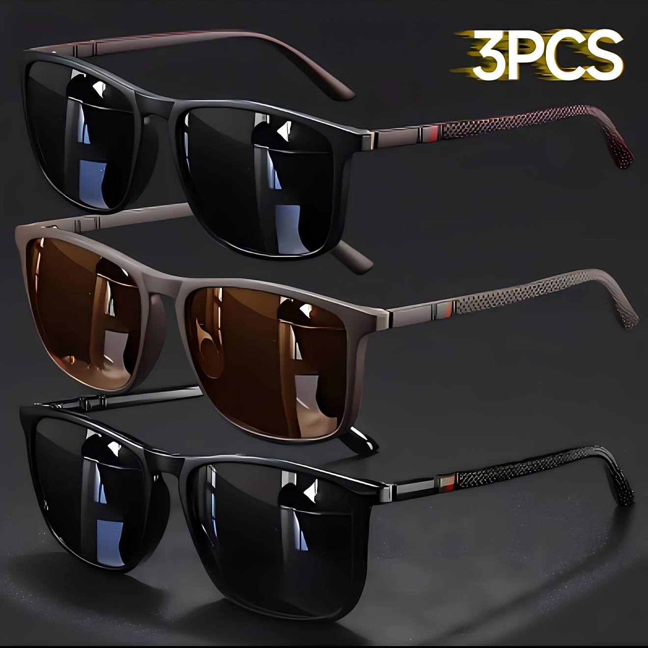 Conjunto de 3 Pares de Óculos de Sol Retro Quadrados Unisexo Polarizados Anti-UV Moda Conjunto de Óculos de Viagem