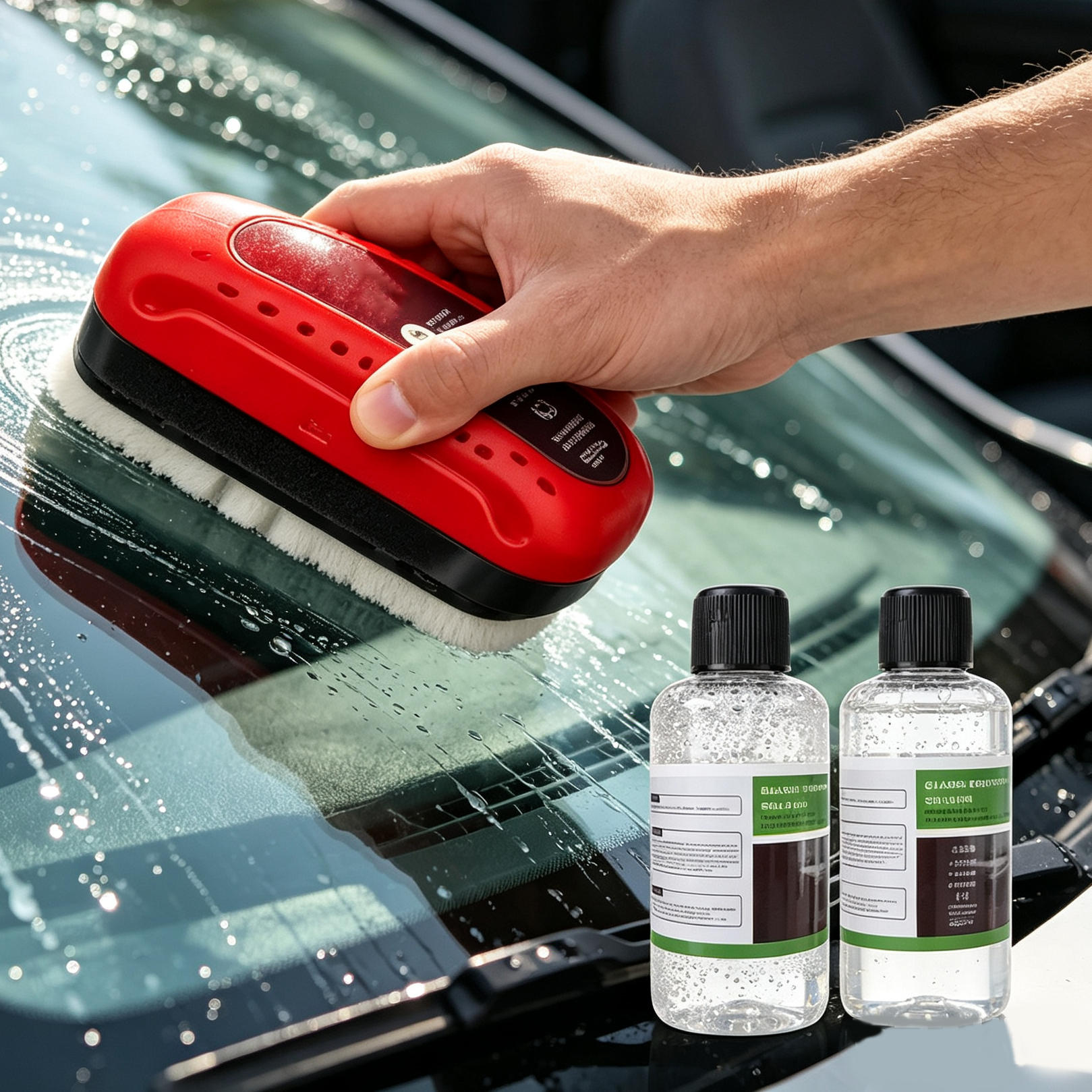 Kit Limpeza de Vidro Automotivo com Escova Removedora de Película de Óleo e Solução de Limpeza