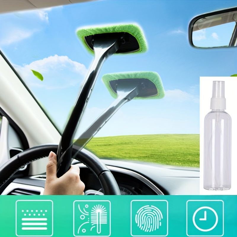 Conjunto de 7 peças - Ferramentas de Limpeza de Para-brisas, Incluindo um Frasco de Spray de 100 ml, 5 Panos Reutilizáveis, Varas de Limpeza de Janelas Interiores de Carros, Escova de Limpeza de Para-brisas de Carro, para Limpar Pó e Manchas (Verde)