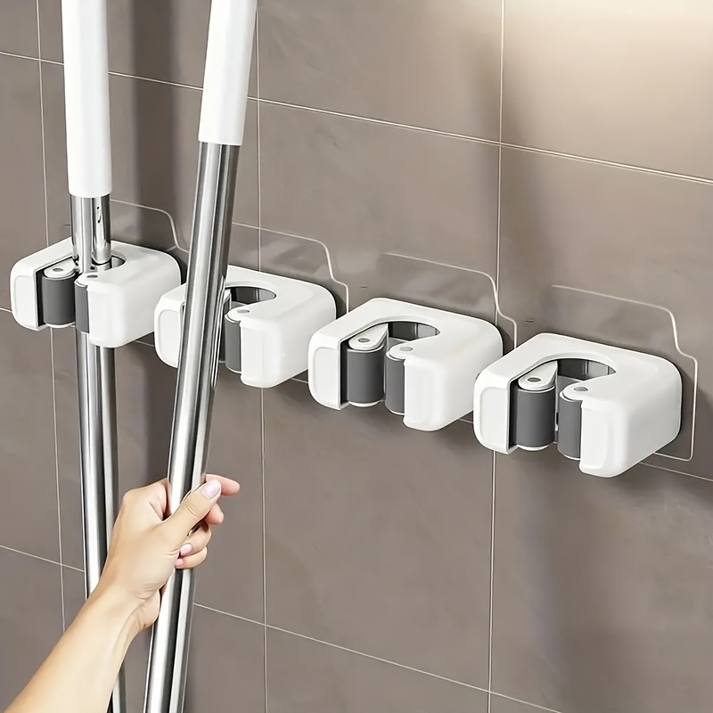 Conjunto de 3 Peças de Suporte de Mopa e Vassoura Montado na Parede Sem Furos - (Inclui 1 Clipe de Mopa e 2 Pequenos Ganchos) Clipe de Armazenamento de Mopa e Gancho de Vassoura de Plástico Forte, Armazenamento Vertical com Poupança de Espaço, Adequado para Casa, Cozinha, Ganchos Utilitários