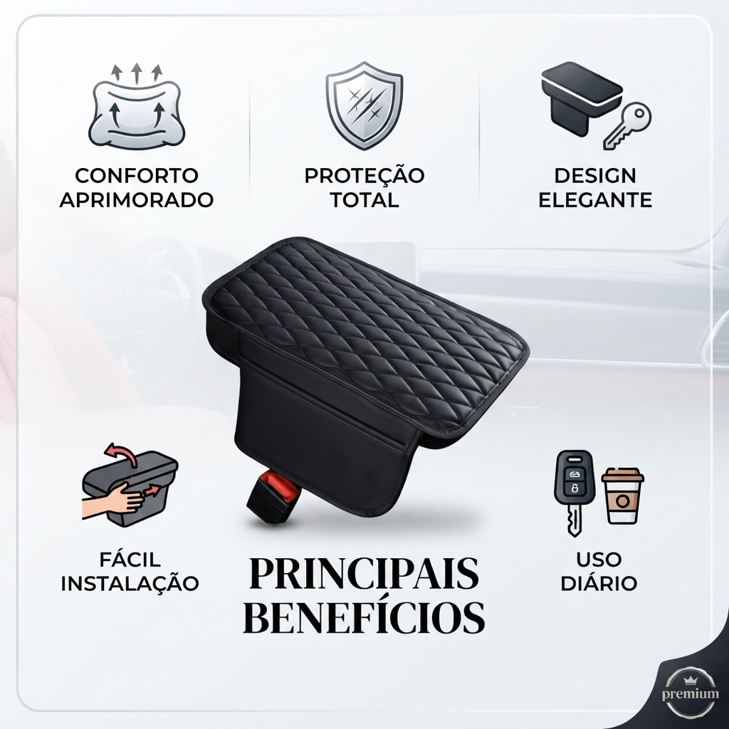 Tapete para Apoio de Braço de Carro Preto, Protetor de Console Central Automotivo, Acessório Interior Veicular, Almofada Antidesgaste para Maior Conforto e Proteção