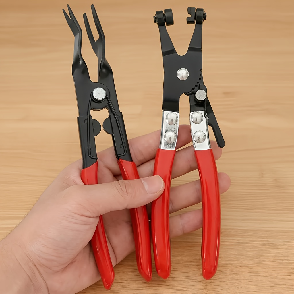 Conjunto de 2 Abraçadeiras de Mangueira de Aço + Ferramenta de Remoção de Clips de Acabamento Interior de Carro, Alicate de Remoção Automotivo, Adequado para Remoção de Painéis de Portas de Carros, Manutenção de Veículos, Radiadores de Líquido de Refrigeração e Mangueiras de Aquecedor. Ideal para Motociclos, Camiões, Reboques, Reparação de Carros