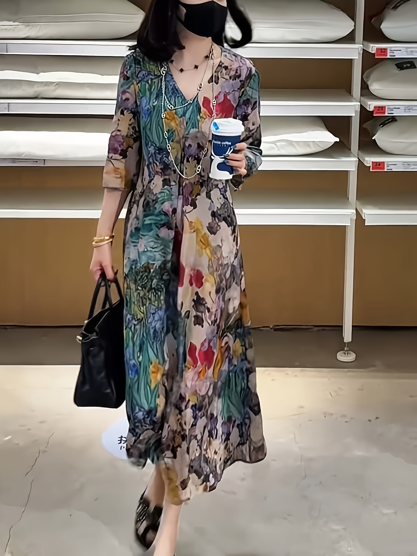 Vestido Plus Size Estilo Boêmio Novo de Chiffon com Saia Longa Ampliada e Bainha Fluida, Luxo Leve da Moda, Leve e com Caimento, Manga Três Quartos com Estampa Floral Estilo Francês