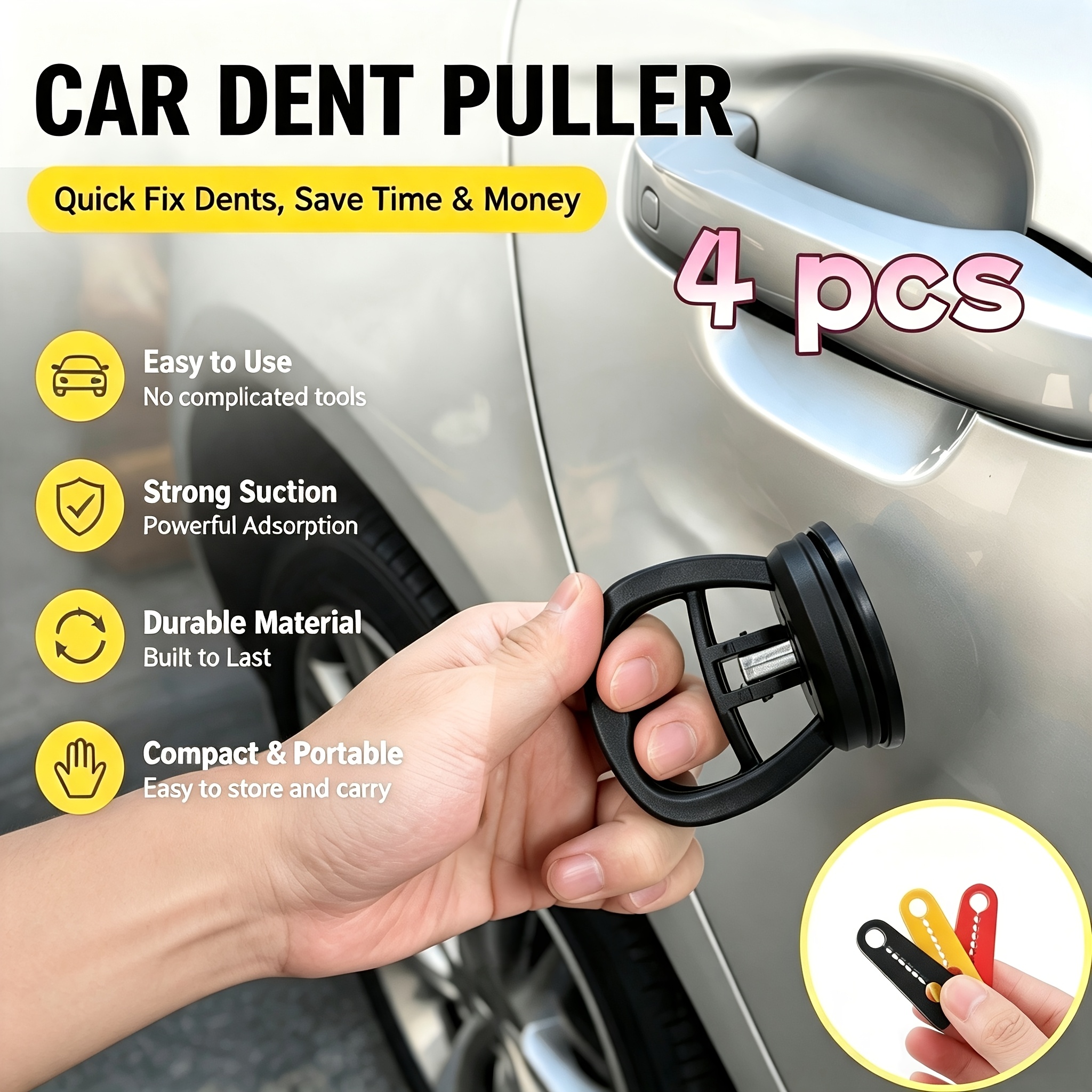 Conjunto de 4 Peças (1 Ferramenta de Reparo de Amassados em Portas + 3 Clipes de Proteção para Portas) Ventosa para Amassados de Carro, Mini Ferramenta Invisível de Reparo de Pintura da Lataria, Ferramenta de Sucção Portátil para Reparo de Amassados, Acessórios Universais para Reparo de Amassados em