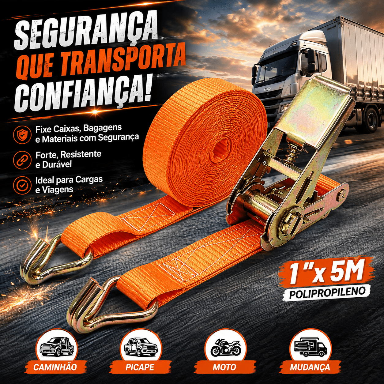 Cinta amarração catraca 25mm 5 metros com gancho J resistente 800kg para fixar carga caminhão picape moto mudança transporte de mercadorias fita polipropileno para amarrar objetos viagem segurança no transporte