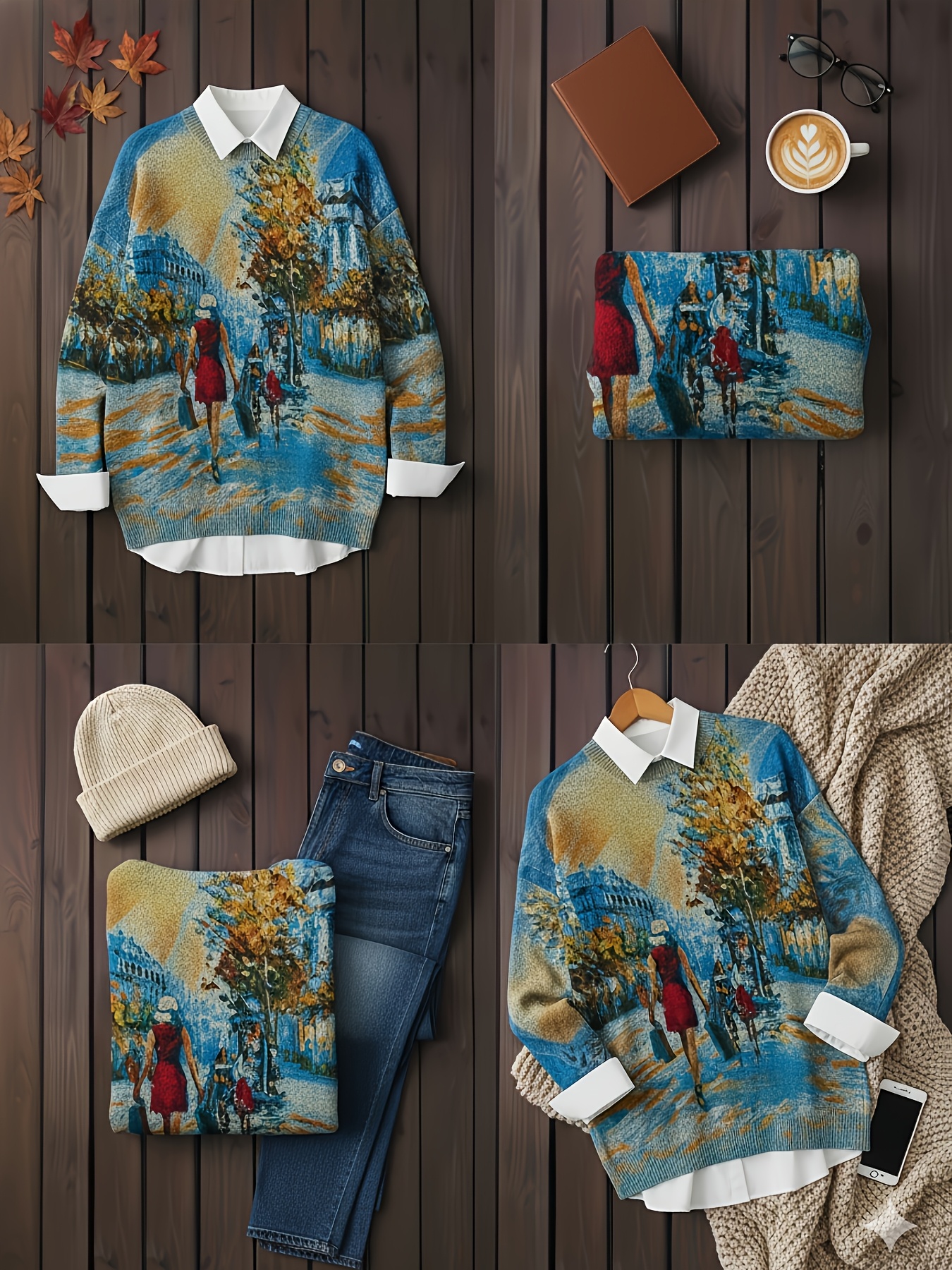 Tamanho Grande - Tamanho Grande - Camisola com Estampa de Cena de Rua em Estilo Pintura a Óleo, Corte Laxo Redondo, Retro Literário com Toque Premium, Camada de Primavera/Outono Sobre Camisa Branca para um Visual Elegante, Ambiente Melhorado