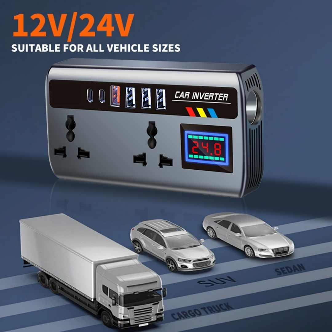 Carregador de Carro Multifuncional 200W com Tomadas 12V/24V - Divisor de Plugue com USB, Portas de Carregamento USB e Adaptador PD para Celulares, Tablets e Laptops. Inversor De Energia 200W Para Carro E Caminhão, Converte 12V -24Vpara 110V-220V, Portátil, Adequado para Carros, Autocaravanas, Reboques, Campismo, Viagens, Viagens Curtas e Longas. Adaptador Inversor de Energia para Carro com Função de Carregamento, 12V/24V para DC220V 200W com Saída Multi-Portas