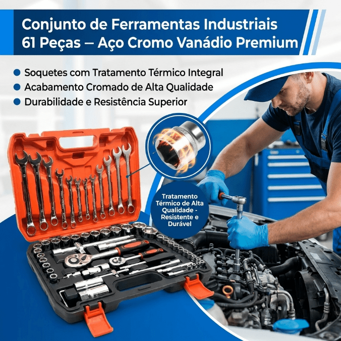 Conjunto de Chaves de Soquete e Combinadas com Catraca - Kit Completo de 61 Peças com Estojo Organizado para Uso Profissional, Ideal para Oficinas Mecânicas e Manutenção Geral