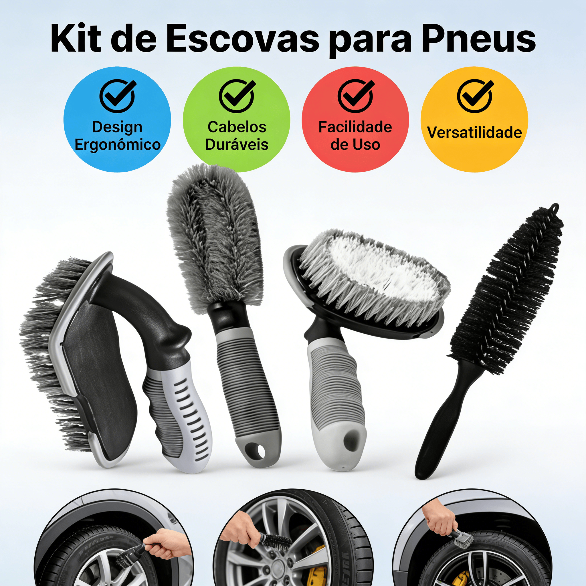 Kit Profissional de 4 Escovas para Limpeza de Rodas, Pneus e Aros - Ferramenta Automotiva para Limpeza Profunda e Descontaminação Potente