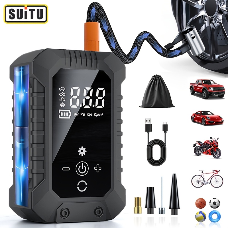 Inflador de Pneus Sem Fio Suitu, Compressor de Ar Portátil, Mini Bomba de Ar para Carro 150PSI, Bomba de Pneus Inteligente sem Fio 5x Mais Rápida com Um Clique, Manômetro de Pressão de Pneu e Luz LED de Emergência, Design Leve, Medição de Pressão Precisa