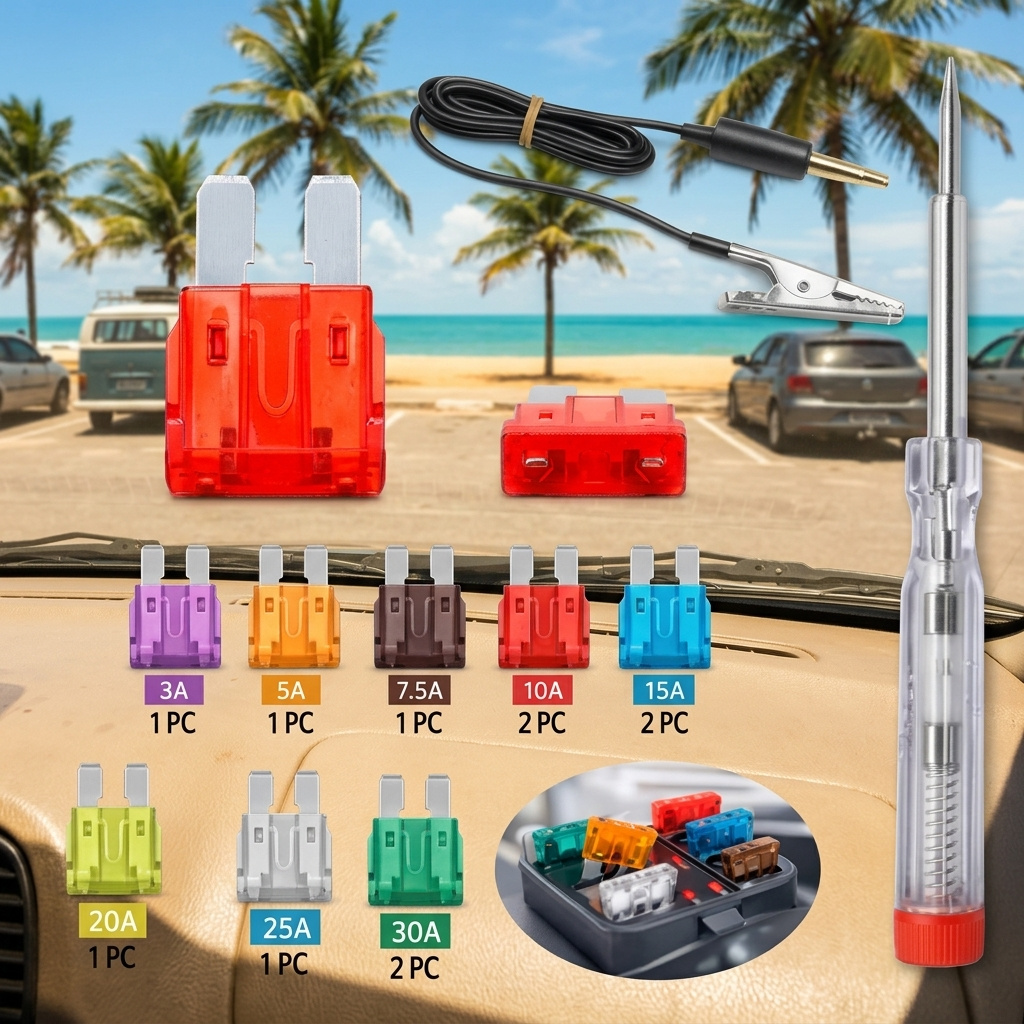 Kit de Reparação Elétrica Automotiva - 10 Fusíveis com 1 Chave de Teste, Acessório de Reposição 12V para Carros - Ferramenta Funcional para Manutenção Veicular - Equipamento de Reposição Prático Essencial para Operação Segura do Sistema Elétrico Diário