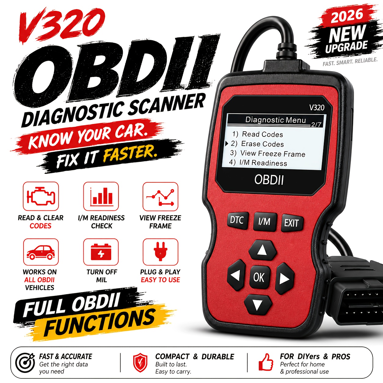 Leitor de Códigos de Carro V320 OBD2 Scanner, Ferramenta de Diagnóstico para Luz de Motor Acender com Leitura e Apagamento de Códigos, Monitor de Prontidão I/M, Dados Freeze Frame, Desligar MIL, Plug & Play para a Maioria dos Carros OBDII Desde 1996