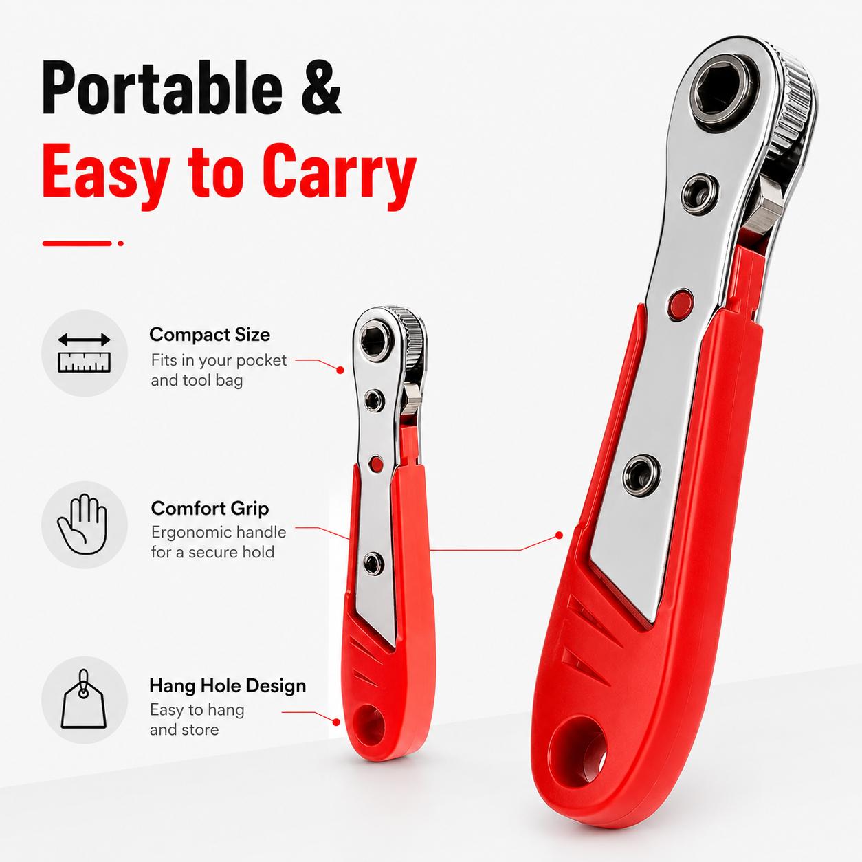Chave de Fenda Catraca Vermelha, Pacote com 1 – Apresenta Cabo de Catraca para Espaços Apertados para Fácil Operação de Avanço/Retrocesso em 5 Períodos de Tempo, com Design Curvo em Ângulo Reto e Inclui Função de Chave de Fenda Phillips. Pega Antiderrapante, Cabeça Plana Redonda, Acabamento Metálico