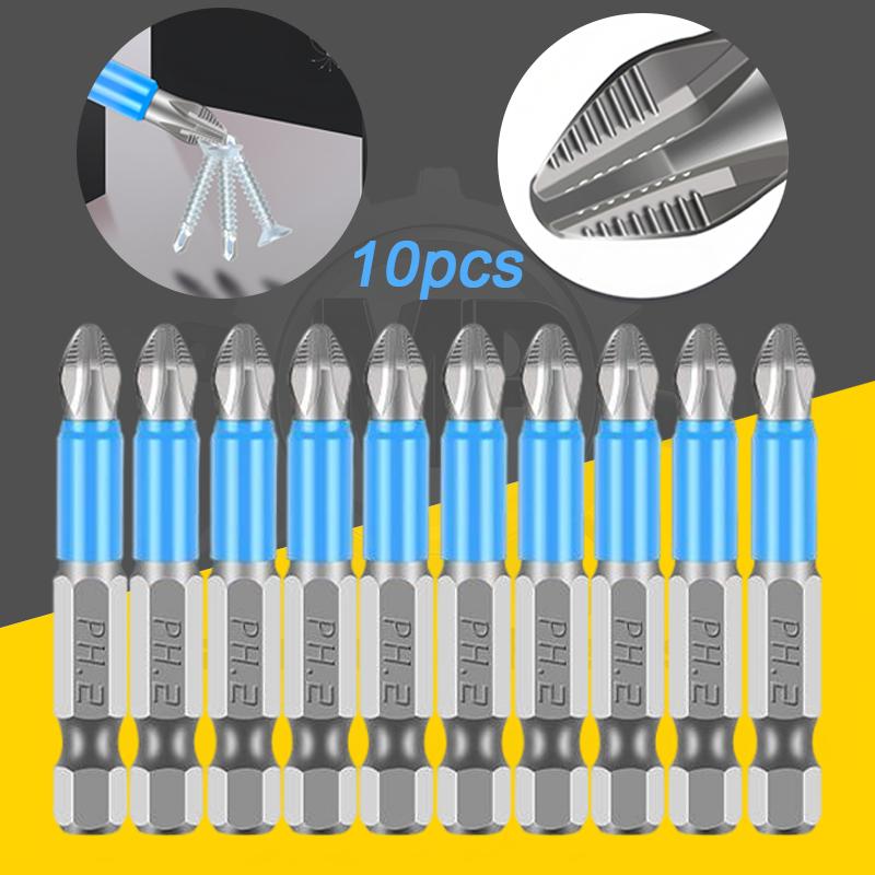 Conjunto de 10 Pontas de Chave Phillips Antiderrapantes - PH2 com Haste Hexagonal de 1/4", Magnéticas, Compatíveis com Furadeiras Elétricas e Manuais