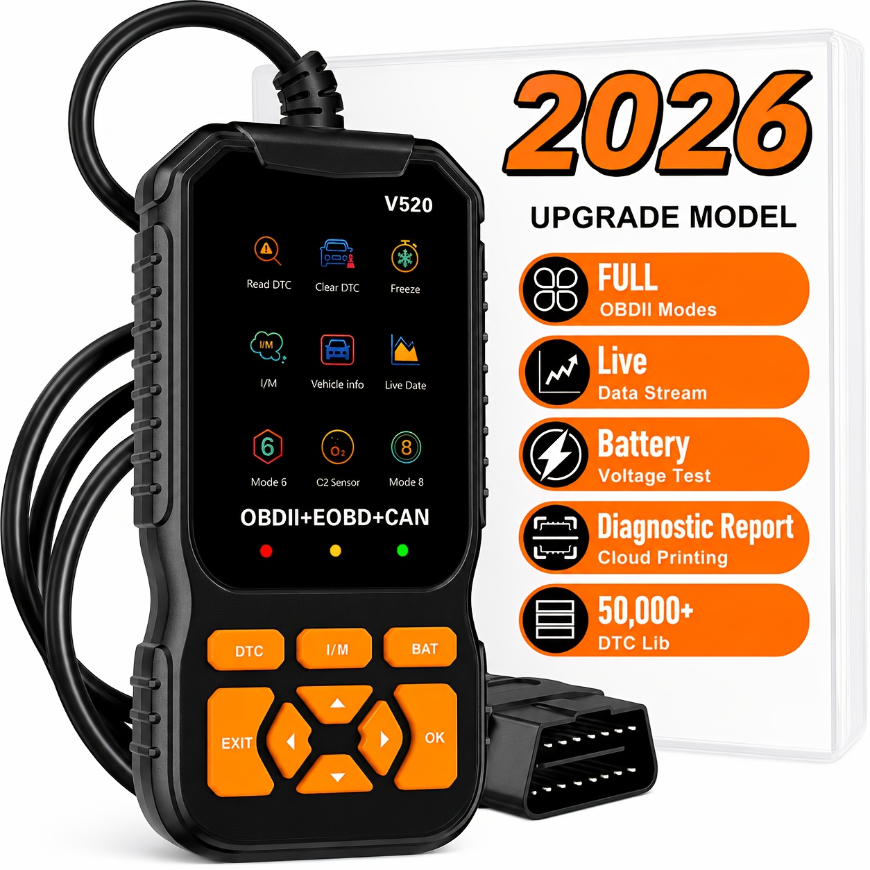 V520 Scanner OBD2 Heavy Duty Ferramenta de Diagnóstico Automóvel Profissional Suporta Detecção de Luzes de Falha, Dados em Tempo Real, Freeze Frame, I/M Readiness - Compatível com Todos os Carros, Caminhões, SUVs (1996 e Mais Tarde) - Leitor de Códigos, Sem Necessidade de Alimentação/Carregador Externo