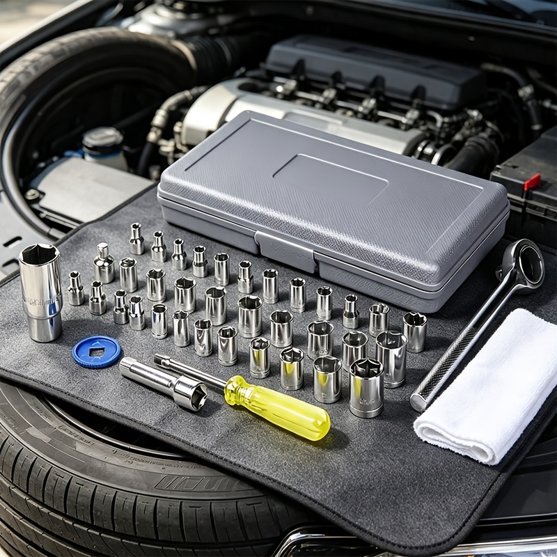 Kit de Ferramentas de Reparação Automóvel de 40 peças, Conjunto de Chaves de Roquete Mistas, Cobertura Multi-Especificação, com Caixa de Armazenamento, Conjunto de Ferramentas Manuais, Durável e Resistente ao Desgaste, Caixa de Ferramentas de Manutenção Doméstica, Ferramentas de Reparação Automóvel Multifuncionais, para Reparação de Carros, Motociclos e Bicicletas