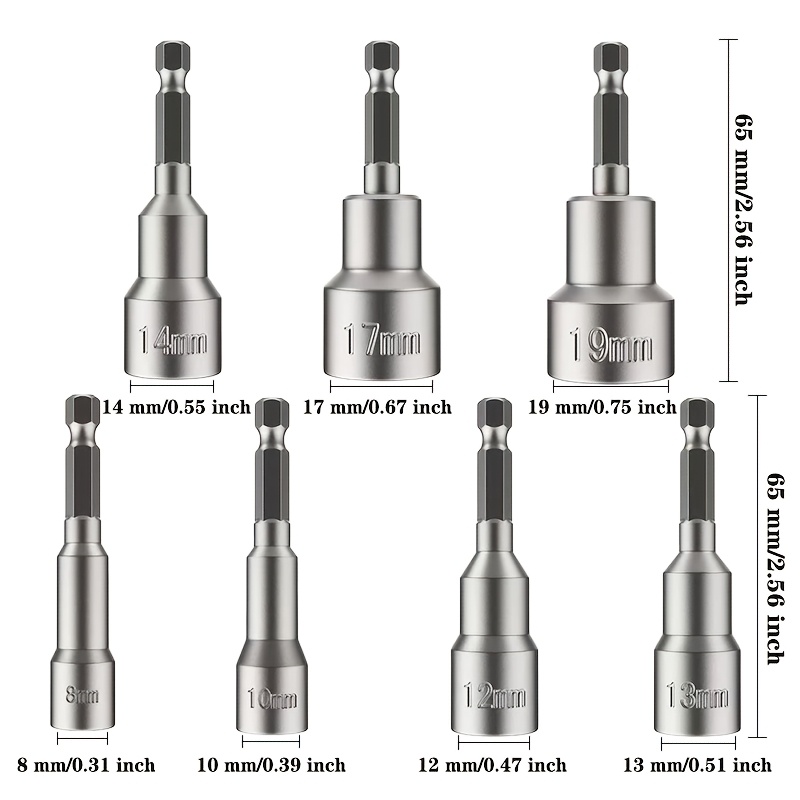 Jogo de Bits Soquete Magnéticos para Porcas, Métrico 8-19 mm, Haste Sextavada de 1/4", Kit de 7 Peças Resistente a Impacto para Parafusadeira de Impacto, Furadeira, Reparos Automotivos e Uso Doméstico