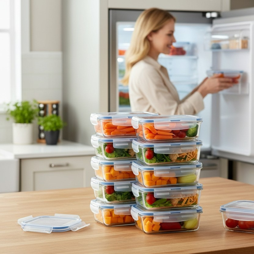 Pote de Vidro Borossilicato com Tampa – 4 Travas – Borracha de Vedação Removível – Livre de BPA – Para Freezer, Micro-ondas e Airfryer (sem tampa) – 370ml / 640ml / 1040ml