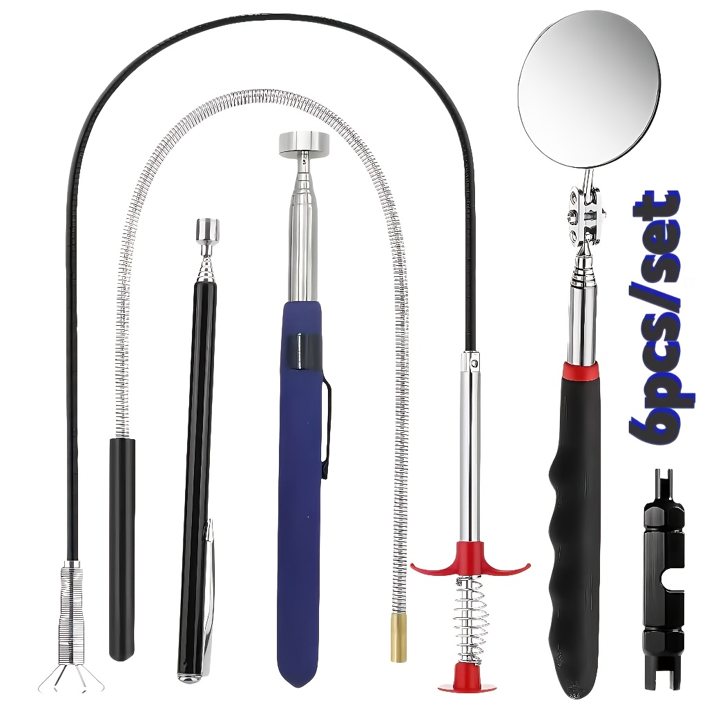 Conjunto Preto de 6 Peças: Ferramenta de Núcleo de Válvula Franco-Americana, Chave de Remoção e Reparo de Haste de Extensão de Bico de Ar Multifuncional Conveniente, Conjunto de Ferramentas de Captação Magnética Telescópica - Ferramenta Magnética Clássica Preta para Serviço Pesado 907.18 g com