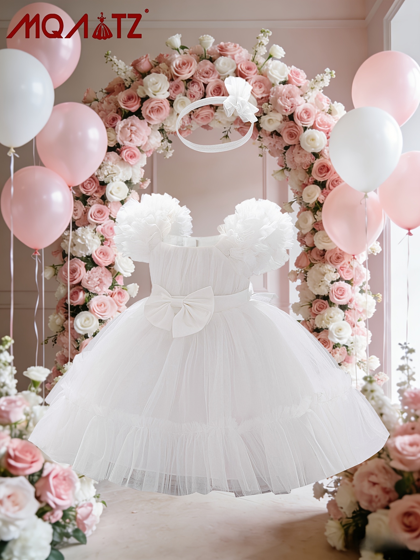 Vestido de Princesa Branco Elegante MQATZ para Meninas com Mangas Bufantes sem Decote e Saia de Tule - Vestido Saia Bolo com Laço Grande na Cintura Adequado para Festas de Aniversário, Damas de Honra, Roupas de Primeiro Aniversário, Vestido de Noiva Lavável à Mão