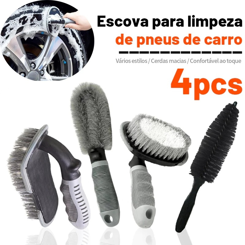 Kit 4 Escovas Profissional para Lavagem de Carro Punho Ergonômico Antiderrapante Limpeza Completa para Oficinas e Uso Doméstico
