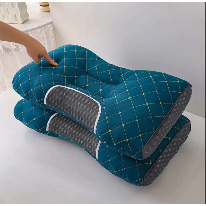 Travesseiro Ergonômico de Luxo, Fino e de Algodão Tricotado para Pescoço e Coluna - COR AZUL