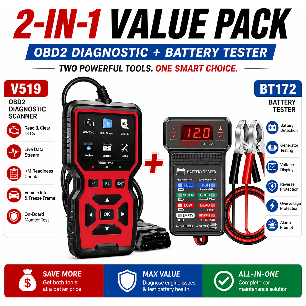 Kit de 2 peças V519 Scanner OBD2 e Analisador de Bateria BT172, Leitor de Códigos de Motor, Leitura e Apagamento de Códigos de Falha, Fluxo de Dados em Tempo Real, Testador de Tensão de Bateria 12V, Conjunto de Ferramentas de Diagnóstico Automotivo