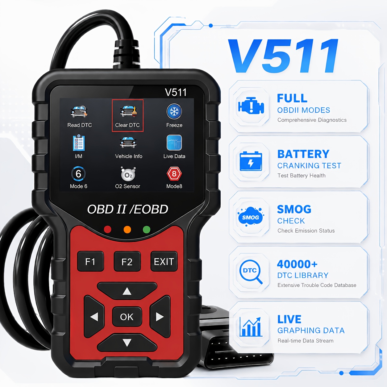 Novo Scanner de Diagnóstico de Veículos Profissional OBD2 V511, 8 Idiomas Múltiplos Suportados, Leitura e Apuração de Todos os Códigos de Problemas do Motor, Saída de Dados Automóvel em Tempo Real, Leitor de Códigos de Reparação Automóvel Direto da Fábrica