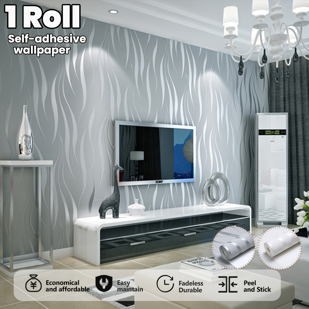 Um Rolo de Papel de Parede Autoadesivo Moderno com Relevo 3D de Ondas, Material Não Tecido Espessado, Várias Cores e Tamanhos Disponíveis, Corte Livre, Fácil de Descolar e Colar, Adequado para Decoração de Sala de Estar, Quarto ou Parede de Fundo.
