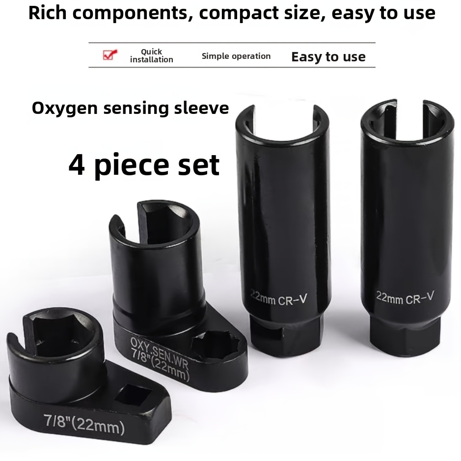 Kit de 4 Peças de Soquete para Sensor de Oxigênio com Encaixe de 1/2", Conjunto de Chave de Soquete Reta para Sensor O2 Dianteiro e Traseiro Automotivo