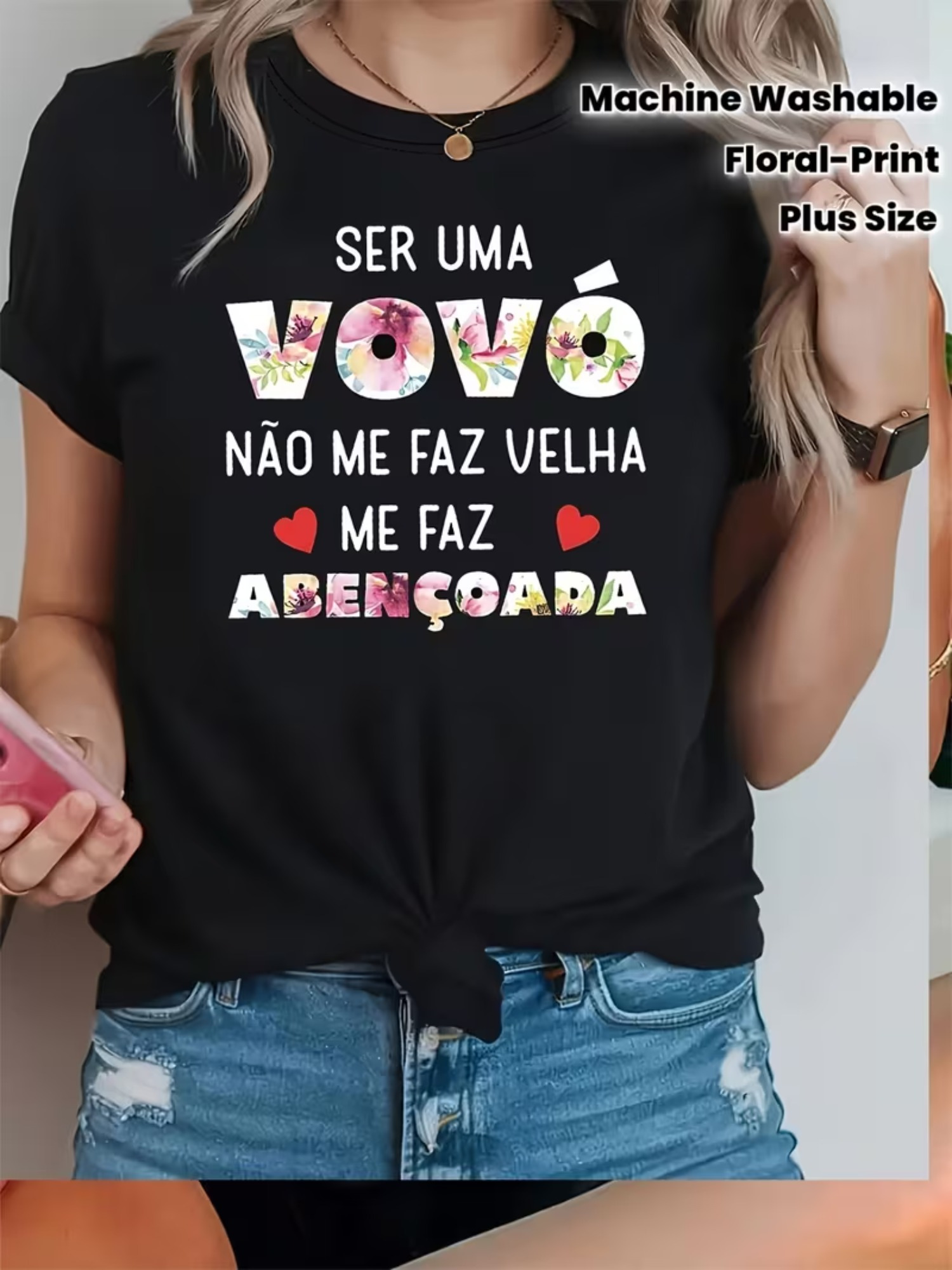 Tamanho Grande - Tamanho Grande - Tamanho Grande, em português "SER UMA Vovó N?O ME FAZ VELHA ME FAZ ABEN?OADA" Camiseta Gráfica com Estampado Floral de Avó Bendita, T-shirt Preta de Manga Curta com Gola Redonda – Lavável na Máquina, Top Casual para Mulheres para Todas as Estações